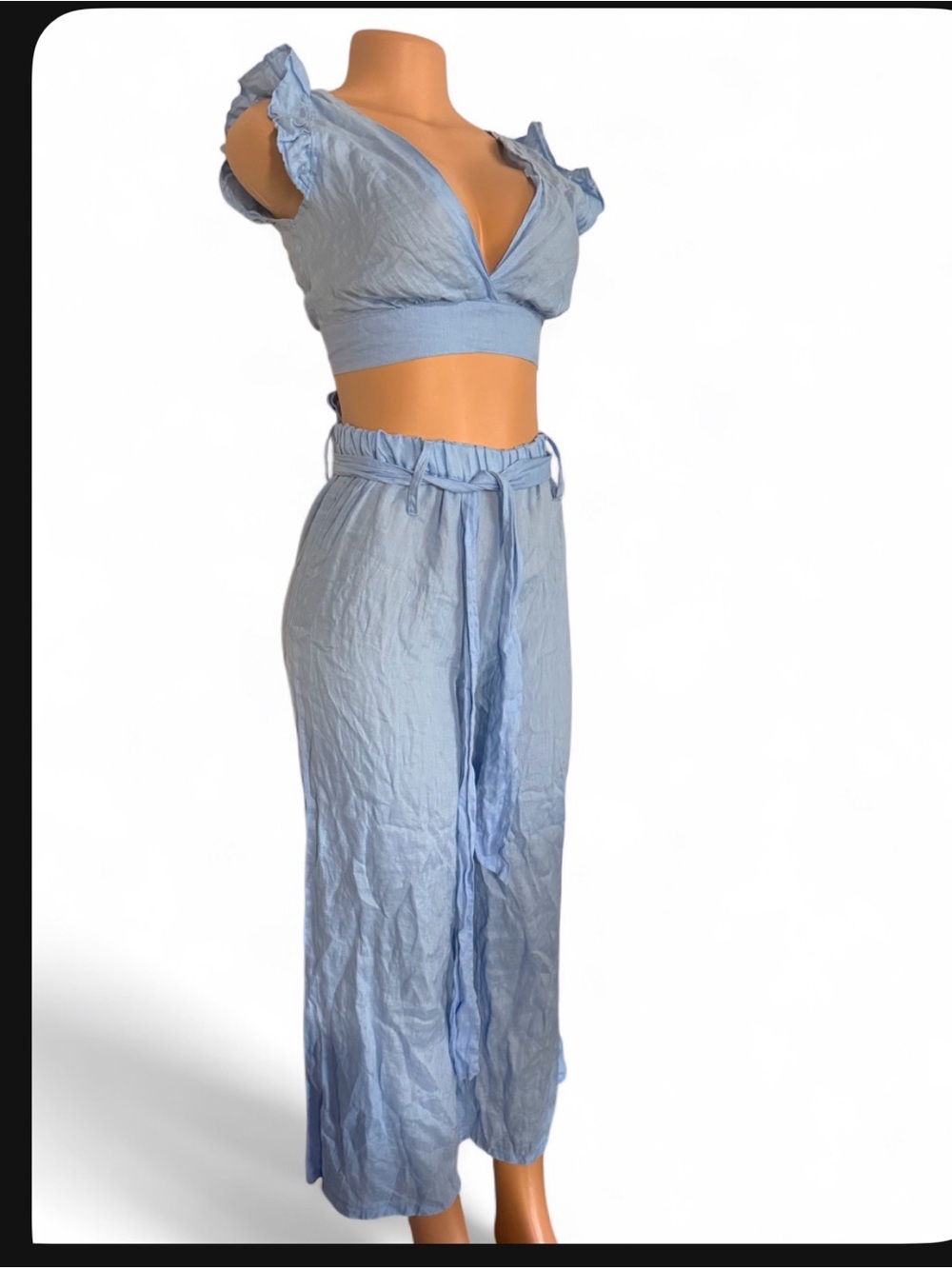 Louise  positano Light Blue Crop Top with Wide Leg Pants Set 100% linen